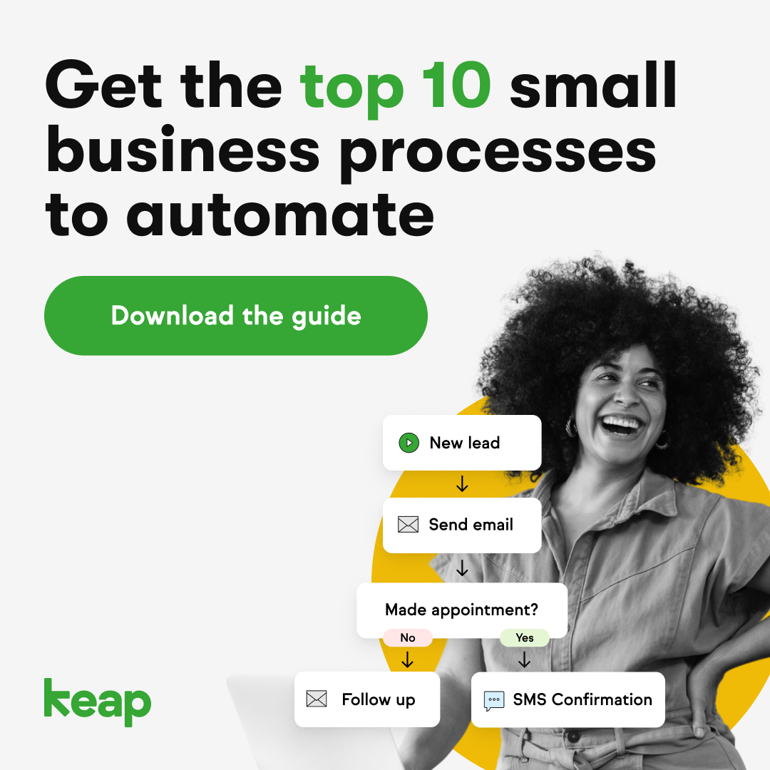Keap promotional graphic about ten small business processes to automate