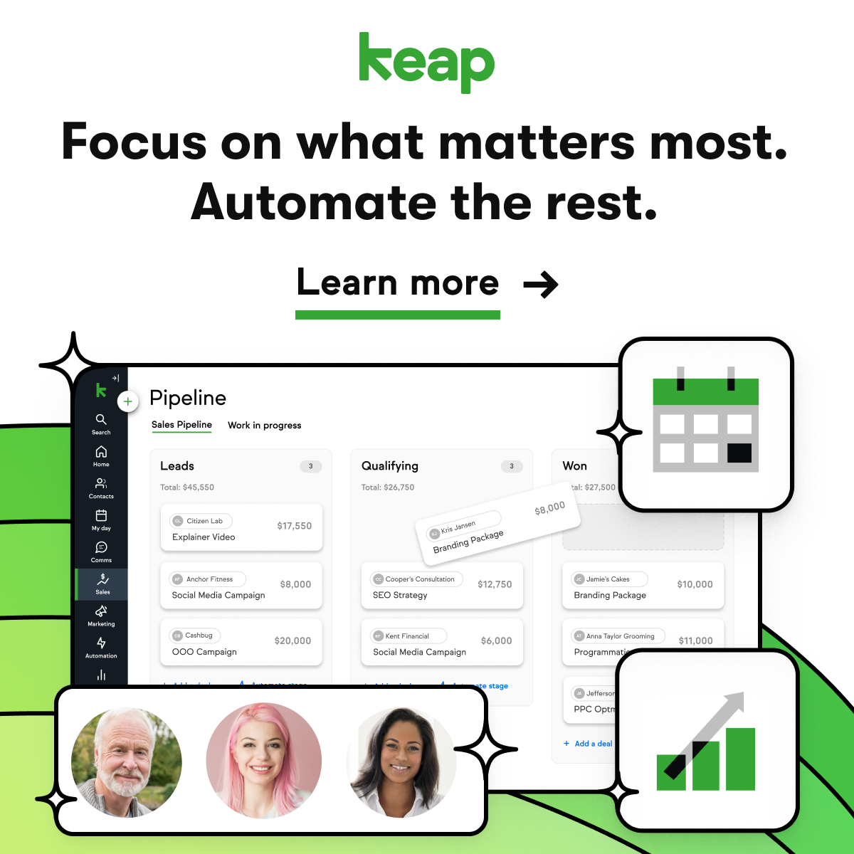 Official Keap promotional graphic illustrating automated customer follow-up